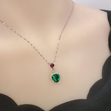 Green Emerald Double Heart Necklace - Gemstone Halo Heart Pendant - Sterling Silver White Gold Plated Lab Emerald Jewelry #732