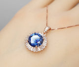 Blue Sapphire Necklace - Rose Gold - Gemstone Halo Sun 4 CT Royal Blue Sapphire Pendant - Sterling Silver September Birthstone #524