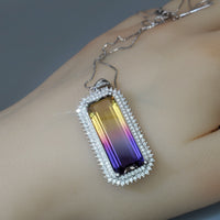 Created Ametrine Necklace - Sterling Silver Long Rectangle Amethyst Large Cubic Zirconia Necklace #865