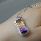 Created Ametrine Necklace - Sterling Silver Long Rectangle Amethyst Large Cubic Zirconia Necklace #865