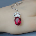 Large Ruby Necklace - Sterling Silver with 18kgp - Solitaire 7 CT Gemstone Crown Red Ruby Pendant - Oval Cut - July Birthstone #839