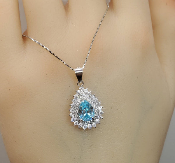 Teardrop Aquamarine Necklace Double CZ stone Circle Tiny March Birthstone Blue Aquamarine Pendant #151