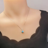 Tiny Square Blue Aquamarine Necklace Sterling Silver Cubic Zirconia Circle March Birthstone 051