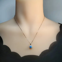 Tiny Blue Opal Necklace, Gemstone Sunflower Princess Diana Style Sterling Silver Halo 6 mm Blue Opal Pendant Jewelry #002