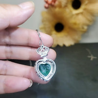 Large Green Emerald Heart Necklace - May Birthstone - Sterling Silver double halo Manmade Synthetic Green Emerald pendant #979