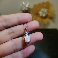 Rose Gold Fire Opal Necklace Sterling Silver Teardrop Tiny White Opal Pendant Solid 18kgp 074