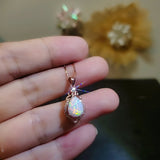 Rose Gold Fire Opal Necklace Sterling Silver Teardrop Tiny White Opal Pendant Solid 18kgp 074