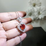 Large Double Halo Heart Sunstone Necklace Diamond Red Orange Jewelry Royal Crown 7 CT Manmade Synthetic pendant 18KGP @ Sterling Silver 801