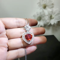 Large Double Halo Heart Sunstone Necklace Diamond Red Orange Jewelry Royal Crown 7CT created Synthetic pendant 18KGP Sterling Silver 801