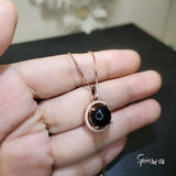 Solitaire Black Onyx Necklace , Classic 4 CT Natural Genuine Onyx Pendant - 18KGP @ Sterling Silver - Black Gemstone Protective Stone #159