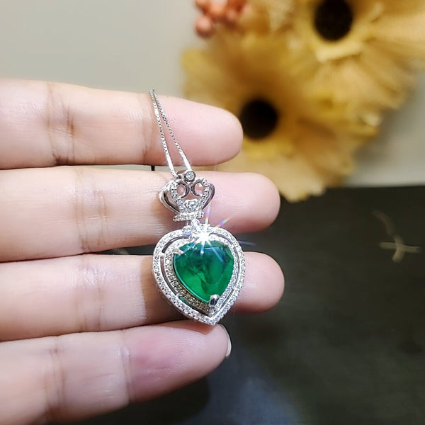 Large Green Emerald Heart Necklace - May Birthstone - Sterling Silver double halo Manmade Synthetic Green Emerald pendant #979