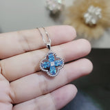 Blue Topaz Necklace - Four Leaf Clover Blue Topaz Pendant - Full Sterling Silver Blue Gemstone Jewelry #135