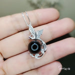 Black Onyx Phoenix Necklace - White Gold plated Sterling Silver - Gemstone Bird Black Gemstone Pendant #508