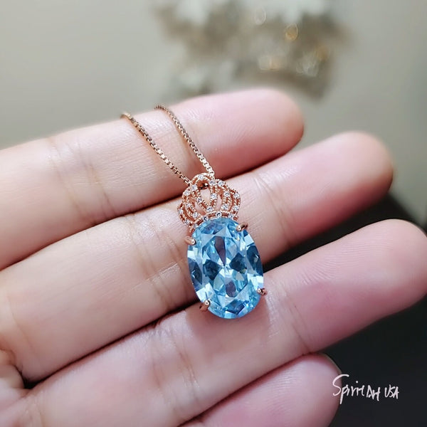 7 CT Aquamarine Necklace Gemstone Crown Rose Gold Sterling Silver Blue Gemstone Pendant Large Oval March Birthstone Solitaire Halo 800