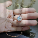 Aquamarine Necklace - 10mm Rose Gold Coated Sterling Silver Solitaire Brilliant Blue Large Round Princess Diana Sunflower Style #931