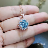 Aquamarine Necklace - 10mm Rose Gold Coated Sterling Silver Solitaire Brilliant Blue Large Round Princess Diana Sunflower Style #931