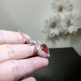 Large Double Halo Heart Sunstone Necklace Diamond Red Orange Jewelry Royal Crown 7 CT Manmade Synthetic pendant 18KGP @ Sterling Silver 801