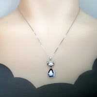 Blue Sapphire Fox Sterling Silver Necklace White Gold Teardrop Pear 3.5 CT Blue Sapphire Pendant #440