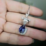 Blue Sapphire Fox Sterling Silver Necklace White Gold Teardrop Pear 3.5 CT Blue Sapphire Pendant #440