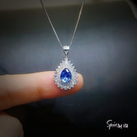 Blue Sapphire Necklace Double Gemstone Halo Teardrop Blue Sapphire Pendant White Gold Plated Sterling Silver Pear September Birthstone #485