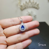 Blue Sapphire Necklace Double Gemstone Halo Teardrop Blue Sapphire Pendant White Gold Plated Sterling Silver Pear September Birthstone #485