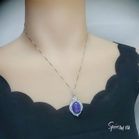 Genuine Purple Charoite Necklace White Gold plated Sterling Silver 10 CT Halo Charoite Pendant Gemstone Large Wedding Royal#982