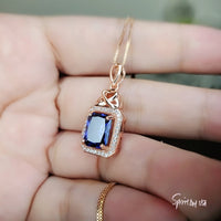 Tanzanite Necklace Rose Gold Sterling Silver 3.5 CT Rectangle Blue Tanzanite Pendant December Birthstone Solitaire Halo #469