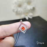 Tiny Geometric Sunstone Necklace -Sun Stone Pendant - 18KGP @Sterling Silver - Double Square Orange Gemstone Jewelry 029