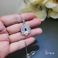 Blue Tanzanite Necklace Gemstone Water Lily Flower Pendant - 18k @ Sterling Silver - 1 CT Rectangle Lab Created Blue Tanzanite Jewelry #650