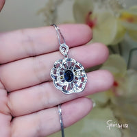 Gemstone Peony Blue Sapphire Necklace , 2.1 CT Blue Gemstone Pendant , Large White Gold plated Sterling Silver Flower Sapphire Jewelry #561