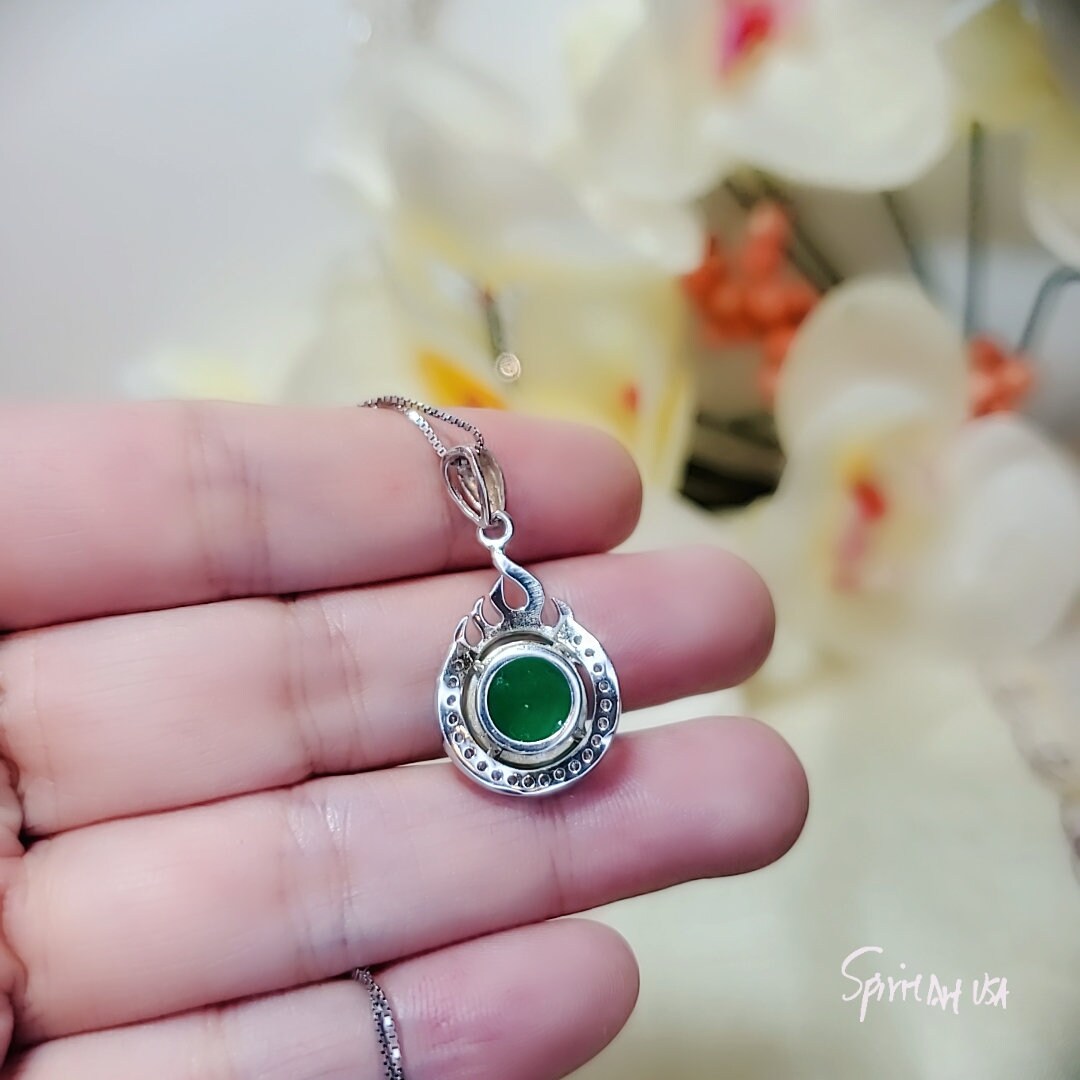 Green Emerald Jade Necklace - 925 Sterling Silver Fire Style Green Stone Necklace May Birthstone CZ Pendant 1050