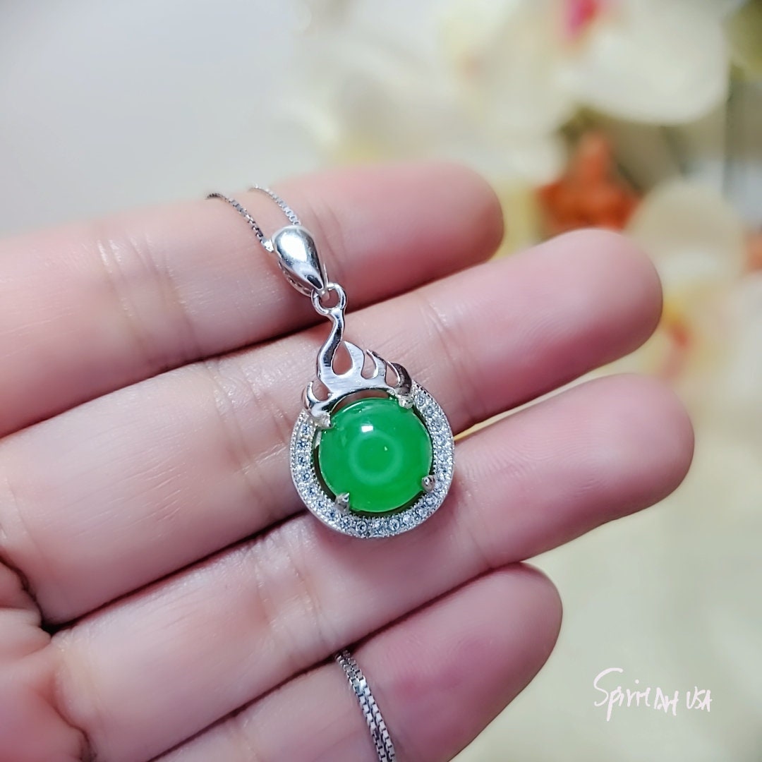 Green Emerald Jade Necklace - 925 Sterling Silver Fire Style Green Stone Necklace May Birthstone CZ Pendant 1050