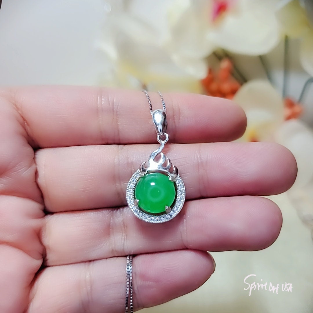 Green Emerald Jade Necklace - 925 Sterling Silver Fire Style Green Stone Necklace May Birthstone CZ Pendant 1050