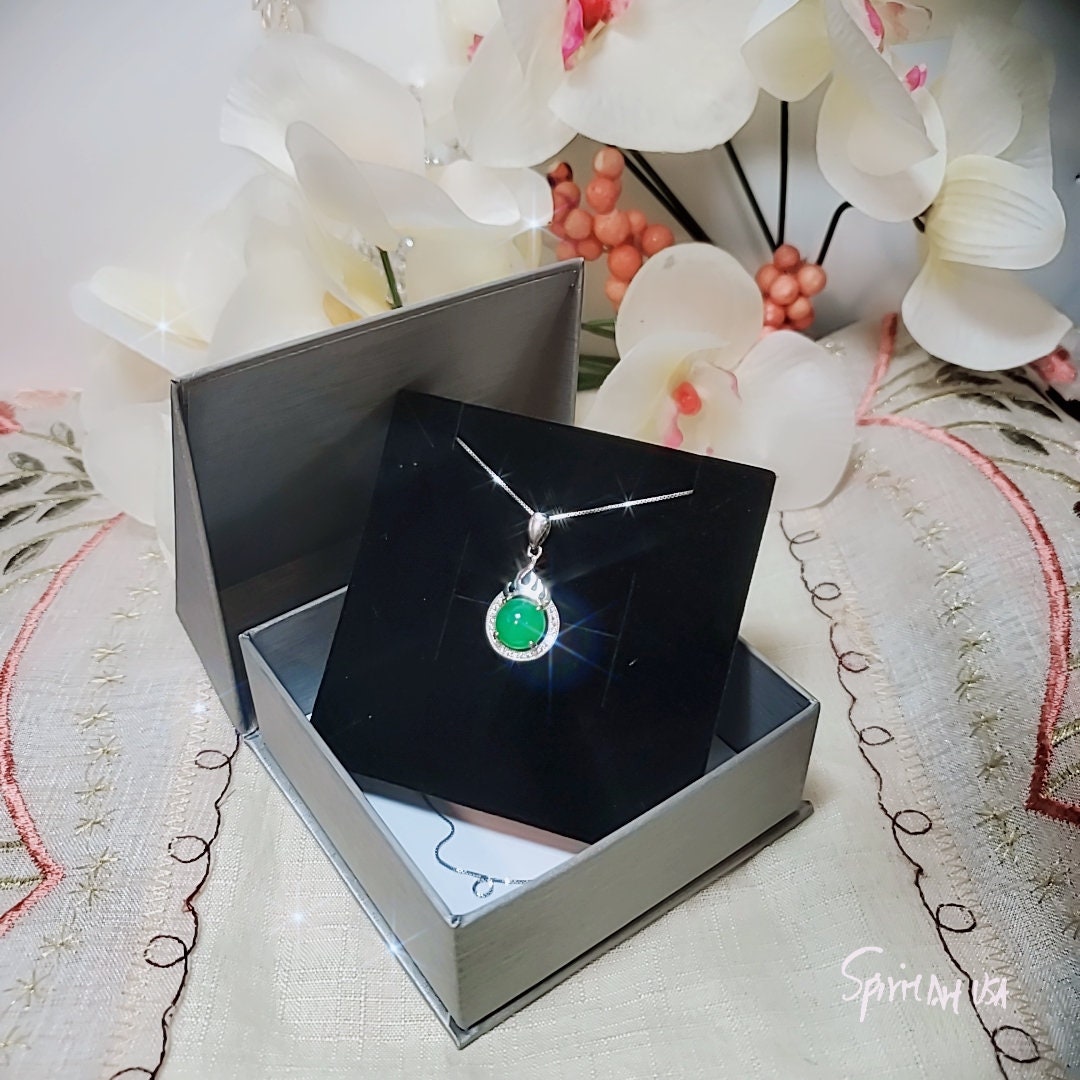 Green Emerald Jade Necklace - 925 Sterling Silver Fire Style Green Stone Necklace May Birthstone CZ Pendant 1050