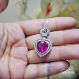 Pink Sapphire Heart Necklace 18KGP @ 925 Sterling Silver - Large 7 CT Fuchsia Heart - Royal Crown - Double Halo Large Pink Sapphire #841