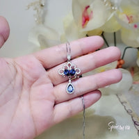 Blue Sapphire Peacock Flower Necklace Gemstone Tassel Teardrop Pear Multi Gemstone Pendant White Gold plated Sterling Silver #776