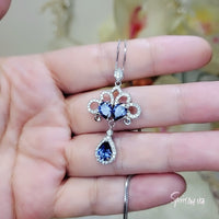 Blue Sapphire Peacock Flower Necklace Gemstone Tassel Teardrop Pear Multi Gemstone Pendant White Gold plated Sterling Silver #776