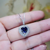 Tanzanite Necklace - 18k @ Sterling Silver - Gemstone Blue Ocean Heart Double Halo 2 CT Man created Vivid Energic Tanzanite Gemstone #474