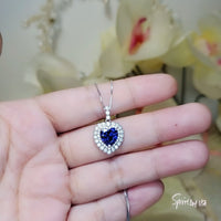 Tanzanite Necklace - 18k @ Sterling Silver - Gemstone Blue Ocean Heart Double Halo 2 CT Man created Vivid Energic Tanzanite Gemstone #474