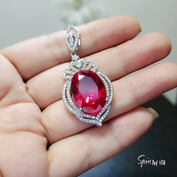 Large Ruby Sterling Silver Necklace 14 ct Oval Lab Red Gemstone Pendant July Birthstone Royal Crown #913