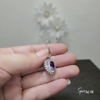 Natural Amethyst Necklace Double Halo Luxury Pendant Genuine Amethyst Jewelry- Chakra Healing 18KGP @ Sterling Silver adjustable chain #834B