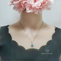 Deep London Blue Topaz Necklace - Rose Gold coated Sterling Silver Princess Diana Style Halo Sunflower 8mm 2 CT Blue Topaz Jewelry #307