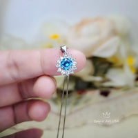 Tiny Blue Topaz Necklace Gemstone Sunflower Princess Diana Sterling Silver White Gold Plated Blue Gemstone Pendant Jewelry 055