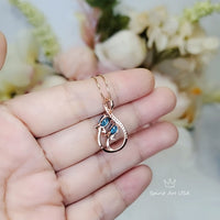 Rose Gold Sterling Silver Blue Topaz Necklace - Gemstone Leaf Flower Tiny Topaz pendant #332