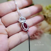 Large Ruby Necklace - Sterling Silver with 18kgp - Solitaire 7 CT Gemstone Crown Red Ruby Pendant - Oval Cut - July Birthstone #839