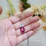 Large Ruby Necklace - Sterling Silver with 18kgp - Solitaire 7 CT Gemstone Crown Red Ruby Pendant - Oval Cut - July Birthstone #839