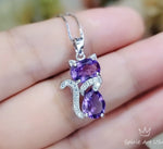 Natural Amethyst Necklace - Sterling Silver Cat Pendant- Purple Stone Gemstone Kitty Kitten Jewelry Crown Chakra Healing #221