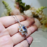 Blue Topaz Necklace, Gemstone Water Lily Flower Pendant, White Gold plated Sterling Silver 1 CT The goddess Athena Necklace #658