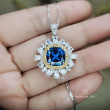 Square Blue Sapphire Necklace - 7 CT Sapphire Pendant - Gemstone Surround Gold Halo Sterling Silver - Large 10 MM Blue Sapphire #806