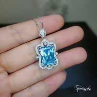 Blue Topaz Necklace Baguette Cut 18K @ Sterling Silver Large 10 Ct Rectangle Blue Topaz Pendant Gemstone Halo Solitaire Blue Topaz #803